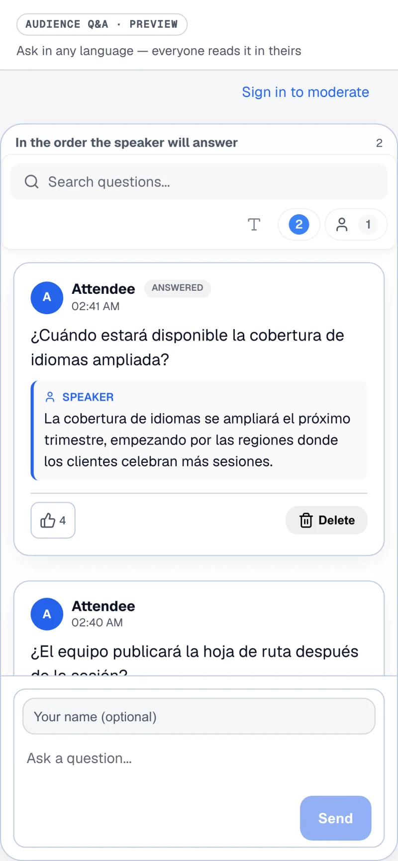 Audience Q&A open in a phone browser: a question asked in Spanish with the speaker's answer beneath it