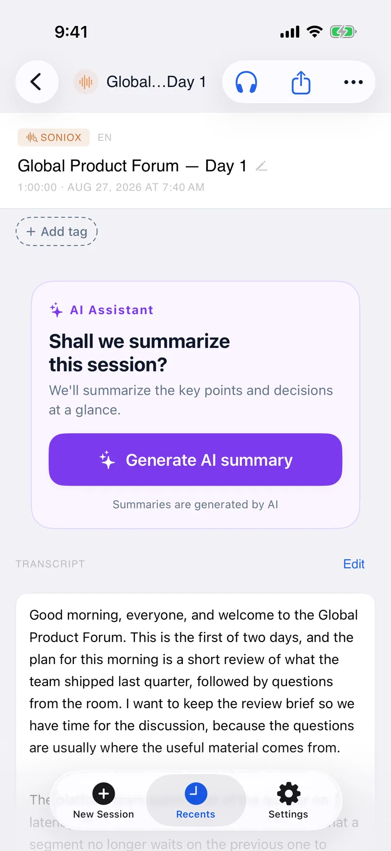 iPhone showing the same recording's transcript with the "Generate AI summary" button