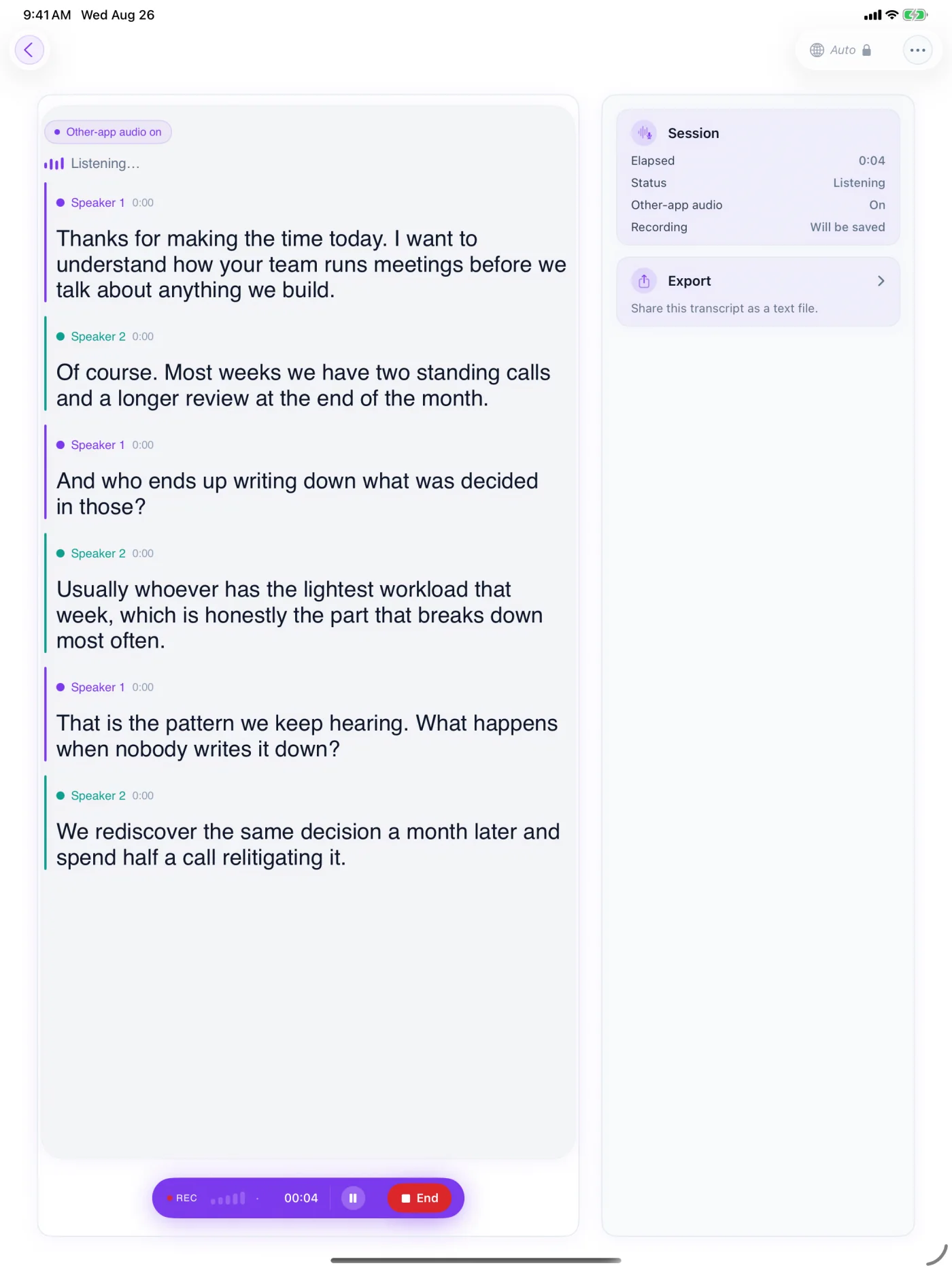 iPad showing an English-only transcript with Speaker 1 and Speaker 2 labels and no translation column