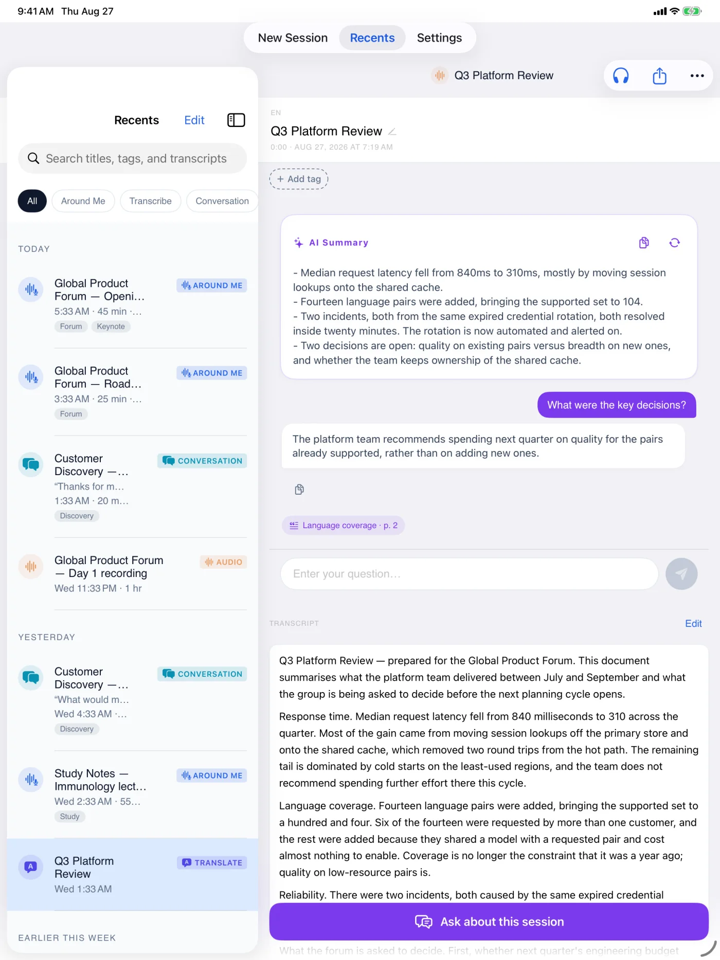 iPad showing a document's AI summary, a question, its answer, and a citation naming the section and page