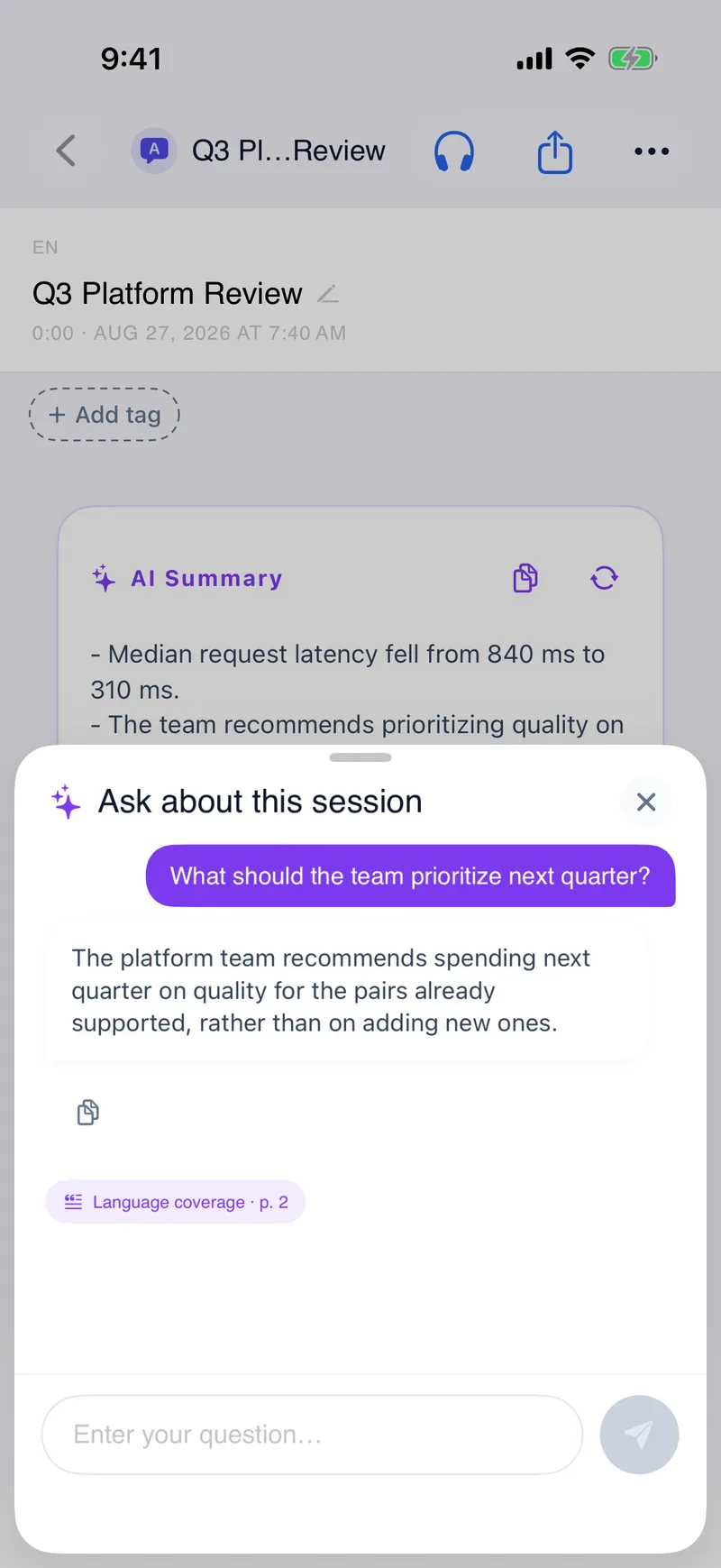 iPhone showing the "Ask about this session" sheet: a question, its answer, and a page 2 citation