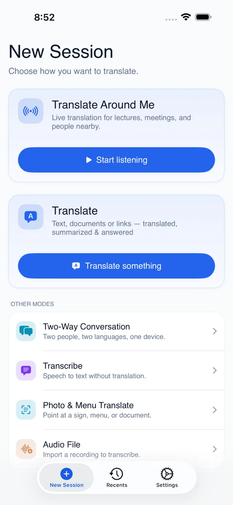 QolSync AI New Session screen on iPhone, choosing a translation mode