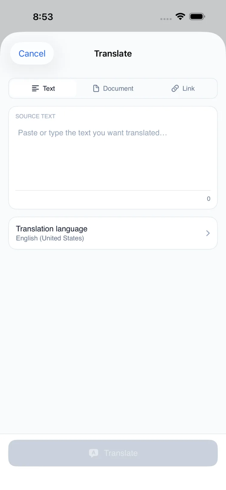 Translate screen with Text, Document, and Link tabs