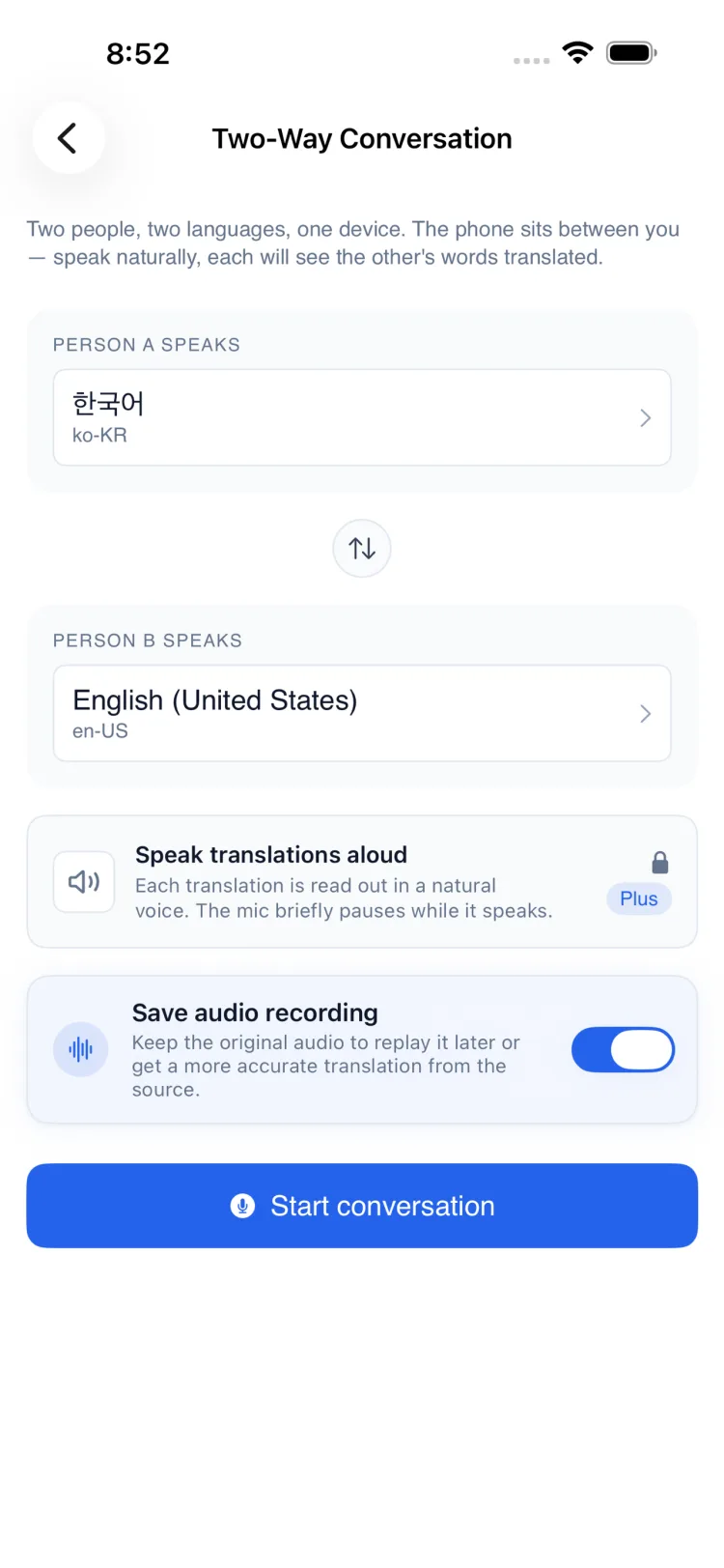 Two-Way Conversation setup with Person A and Person B language pickers