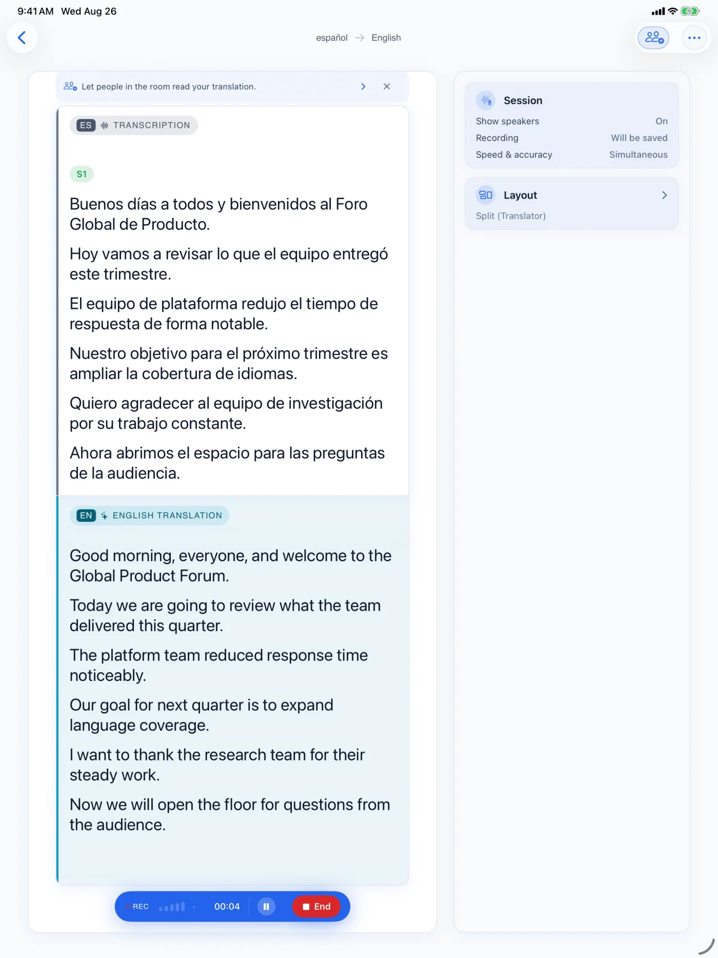 iPad showing a live session: Spanish speech with its English translation stacked beneath each line
