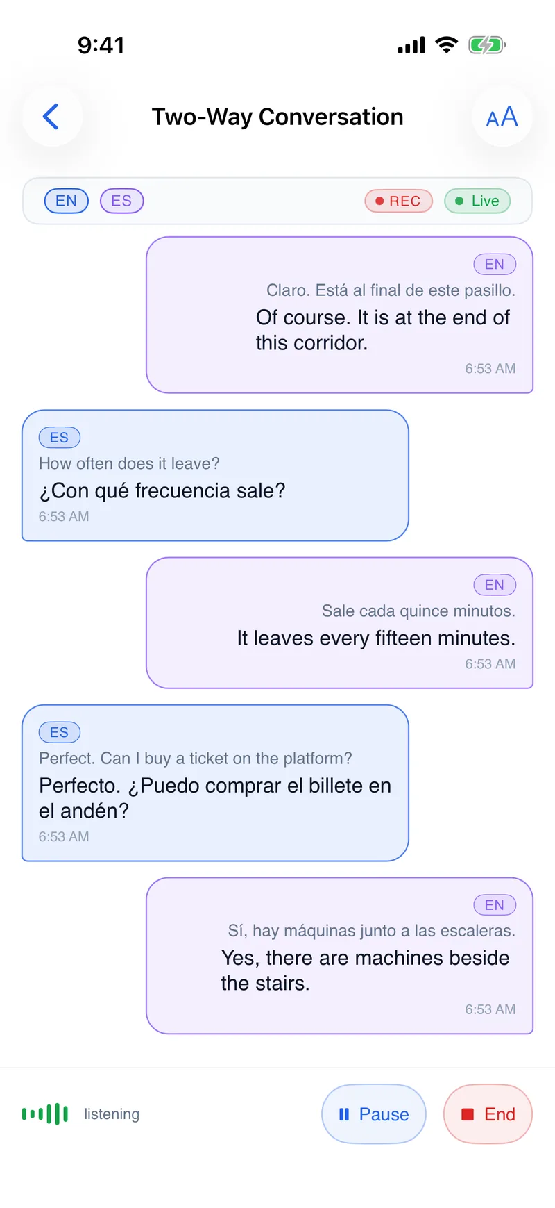 iPhone showing a two-way conversation: Spanish and English turns on opposite sides, with a live recording indicator