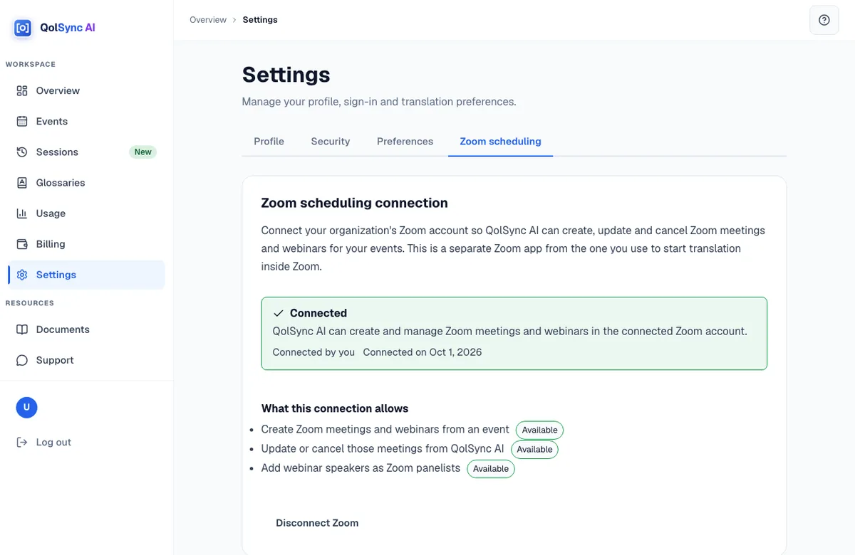 Settings, Zoom scheduling tab, showing a connected Zoom account