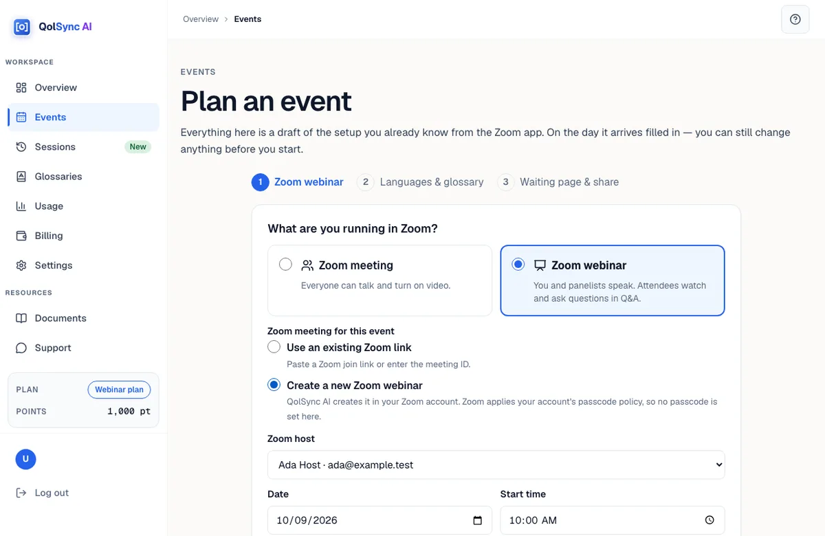 The event form with “Create a new Zoom webinar” selected and a Zoom host chosen